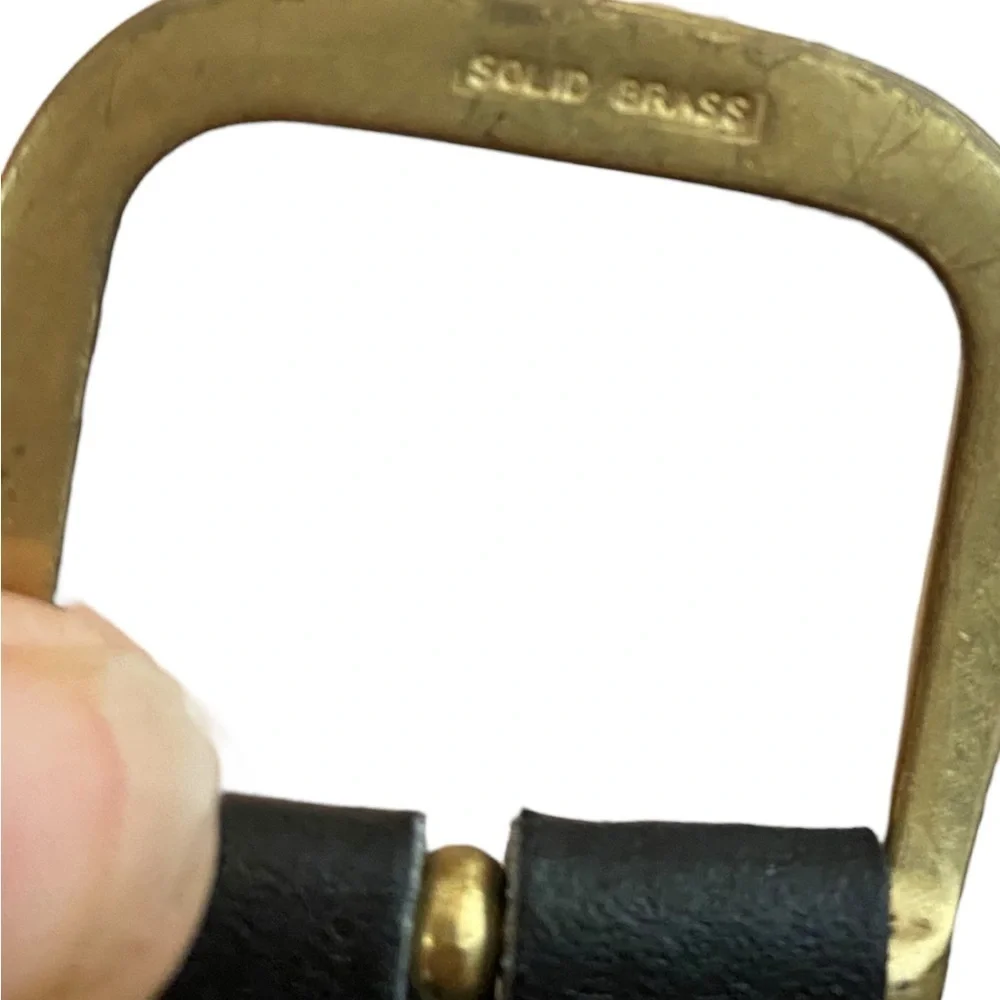 Vintage Dame Black Authentic Leather Belt white stitching Brass gold Buckle